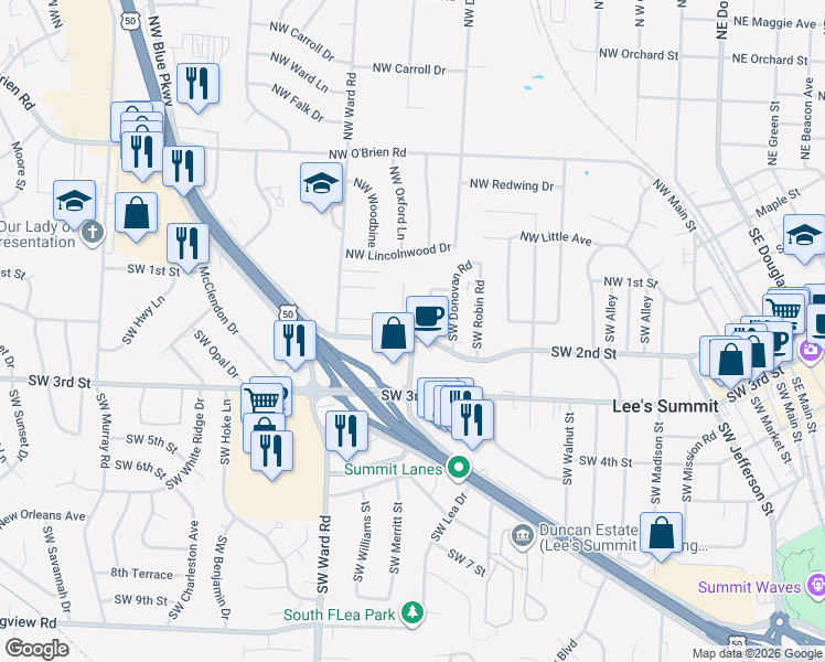 map of restaurants, bars, coffee shops, grocery stores, and more near 155 Southwest Oxford Place in Lee's Summit