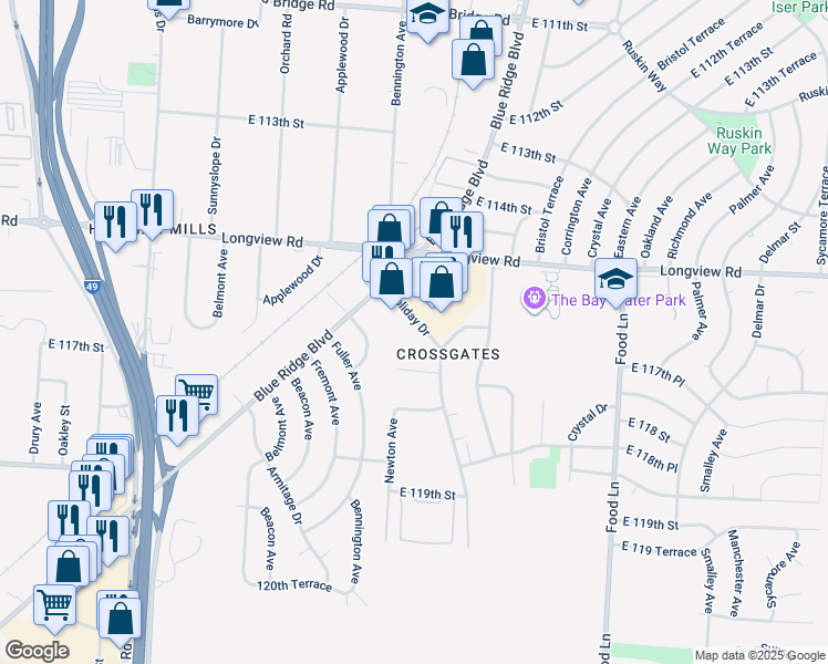 map of restaurants, bars, coffee shops, grocery stores, and more near 11540 Holiday Drive in Kansas City