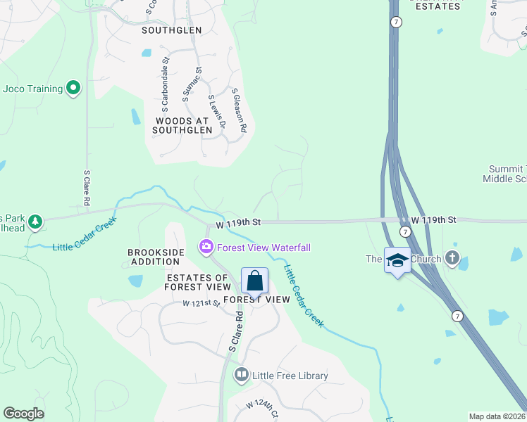 map of restaurants, bars, coffee shops, grocery stores, and more near 23925-23325 West 119th Street in Olathe
