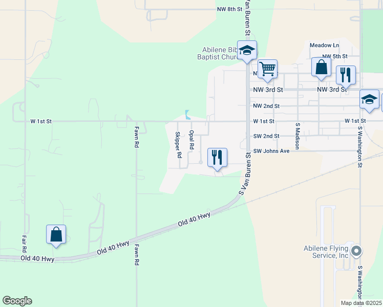 map of restaurants, bars, coffee shops, grocery stores, and more near 325-399 Opal Road in Abilene