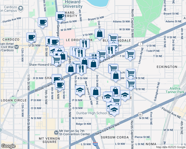 map of restaurants, bars, coffee shops, grocery stores, and more near 1713 4th Street Northwest in Washington