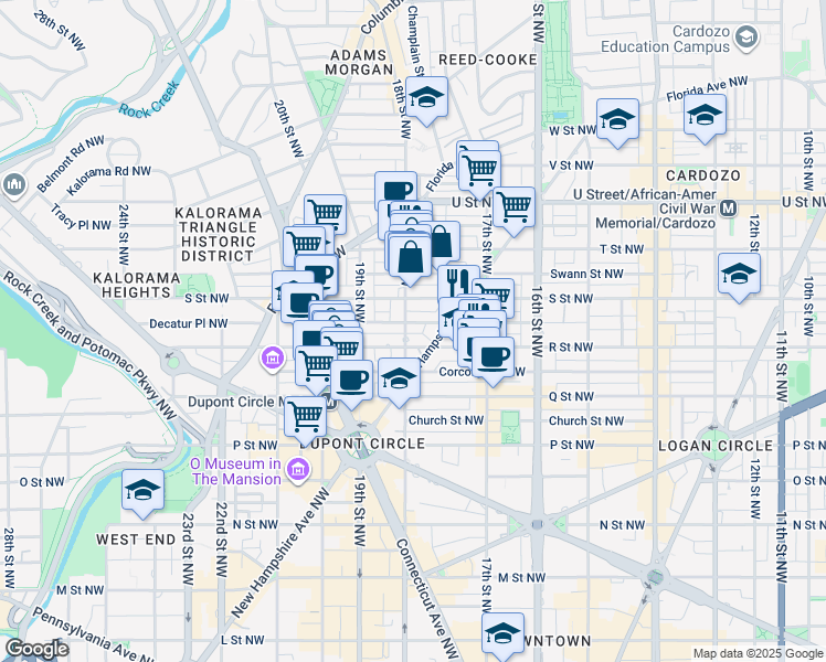 map of restaurants, bars, coffee shops, grocery stores, and more near 1713 18th Street Northwest in Washington