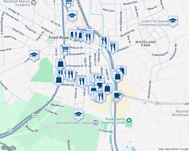 map of restaurants, bars, coffee shops, grocery stores, and more near 310 Frazer Place in Front Royal