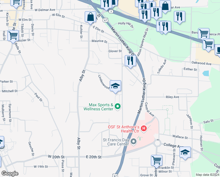 map of restaurants, bars, coffee shops, grocery stores, and more near 341 Lindenwood Boulevard in Alton