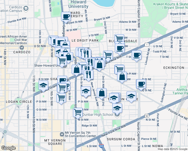 map of restaurants, bars, coffee shops, grocery stores, and more near 410 Richardson Place Northwest in Washington