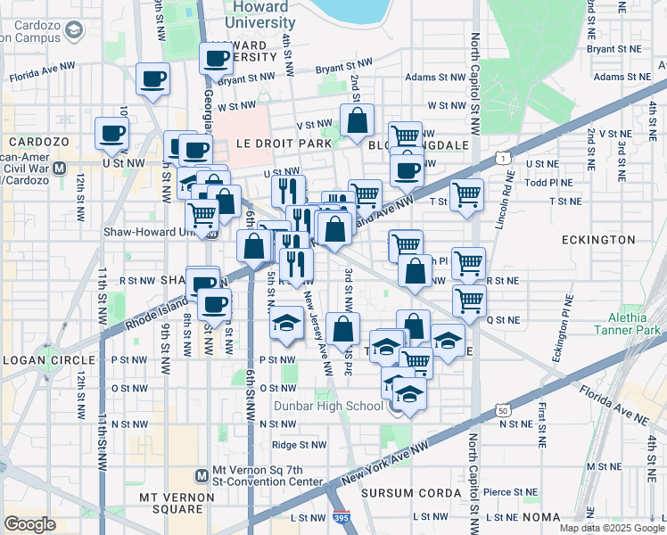 map of restaurants, bars, coffee shops, grocery stores, and more near 1713 4th Street Northwest in Washington