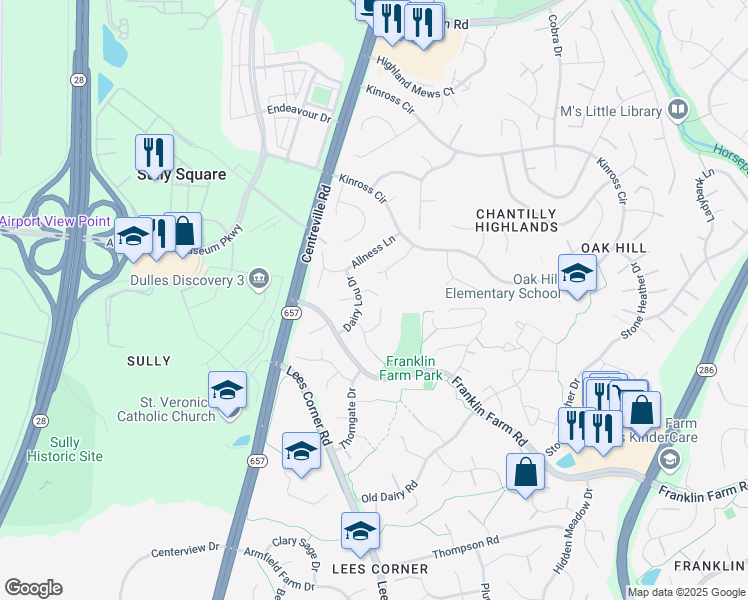 map of restaurants, bars, coffee shops, grocery stores, and more near 3313 Dairy Lou Drive in Herndon