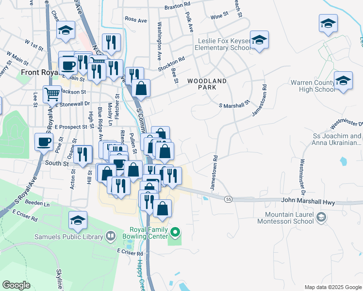 map of restaurants, bars, coffee shops, grocery stores, and more near High Field Lane in Front Royal