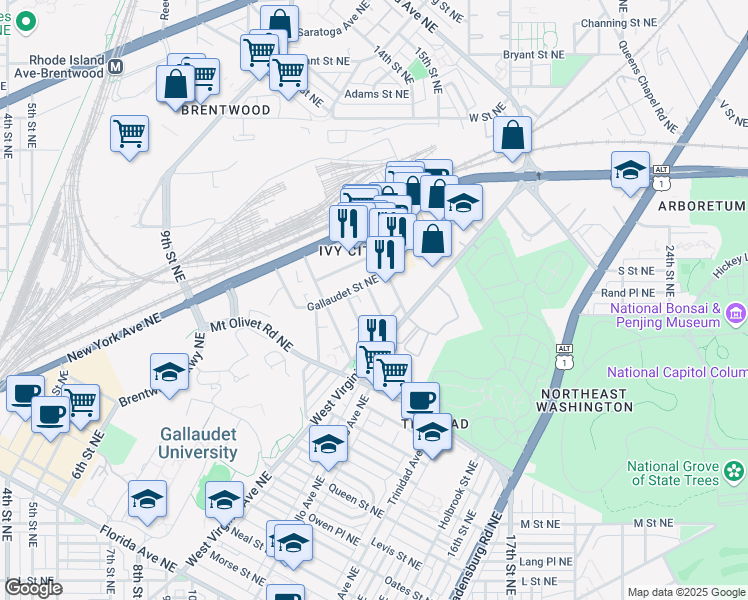 map of restaurants, bars, coffee shops, grocery stores, and more near 1831 Providence Street Northeast in Washington