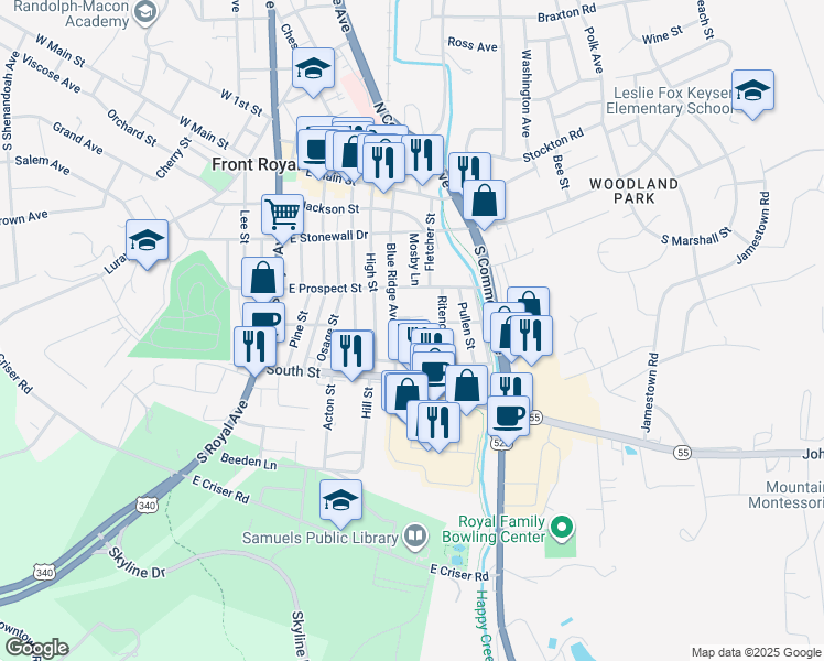map of restaurants, bars, coffee shops, grocery stores, and more near 310 Frazer Place in Front Royal