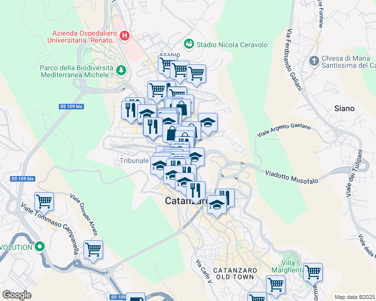 map of restaurants, bars, coffee shops, grocery stores, and more near Via Gaetano Alberti in Catanzaro