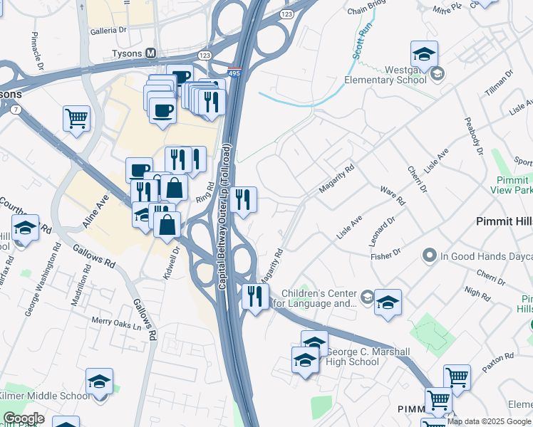 map of restaurants, bars, coffee shops, grocery stores, and more near 7833 Enola Street in McLean