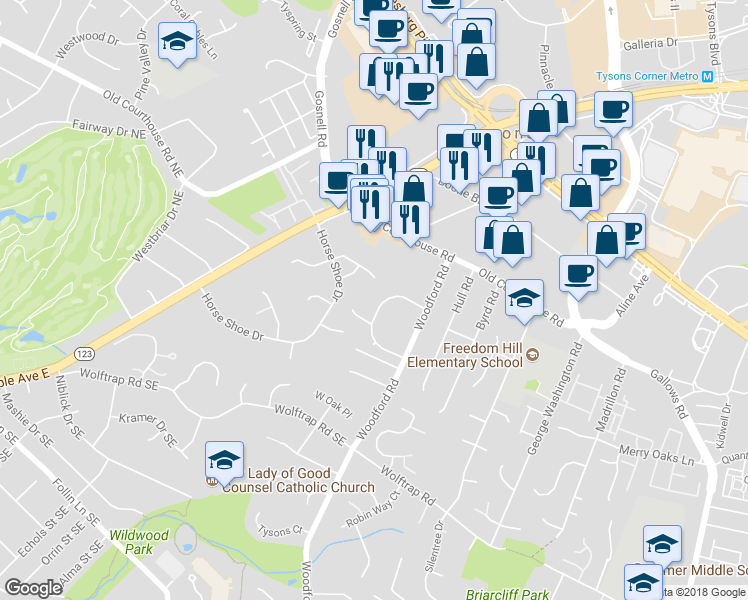 map of restaurants, bars, coffee shops, grocery stores, and more near 8418 Black Stallion Pl in Vienna