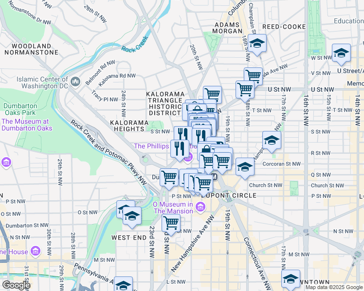 map of restaurants, bars, coffee shops, grocery stores, and more near 2129 Florida Avenue Northwest in Washington