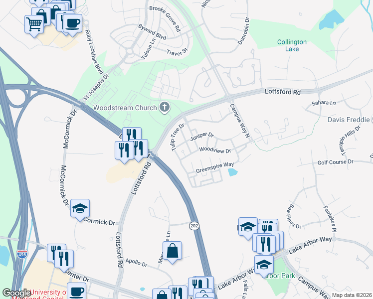 map of restaurants, bars, coffee shops, grocery stores, and more near 1704 Spanish Oak Ln in Bowie