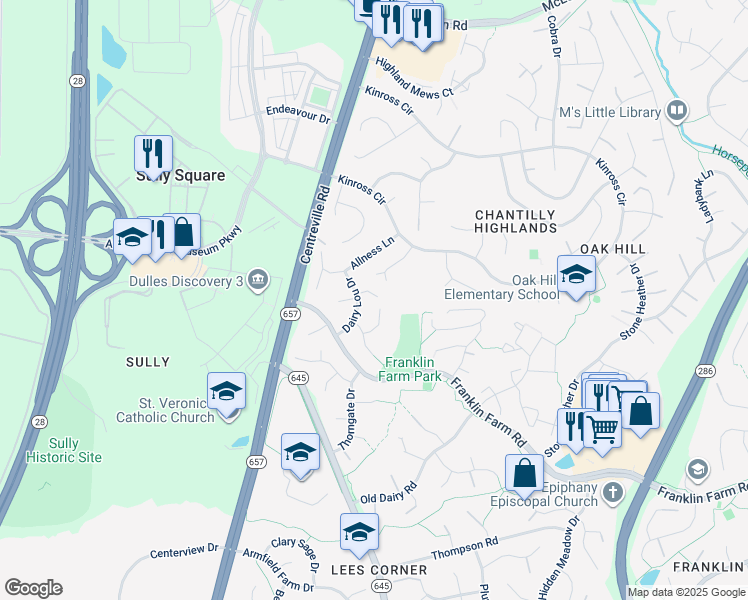 map of restaurants, bars, coffee shops, grocery stores, and more near 3313 Dairy Lou Drive in Herndon