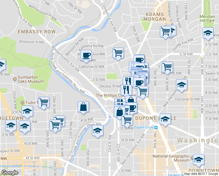 map of restaurants, bars, coffee shops, grocery stores, and more near 2238 Decatur Place Northwest in Washington