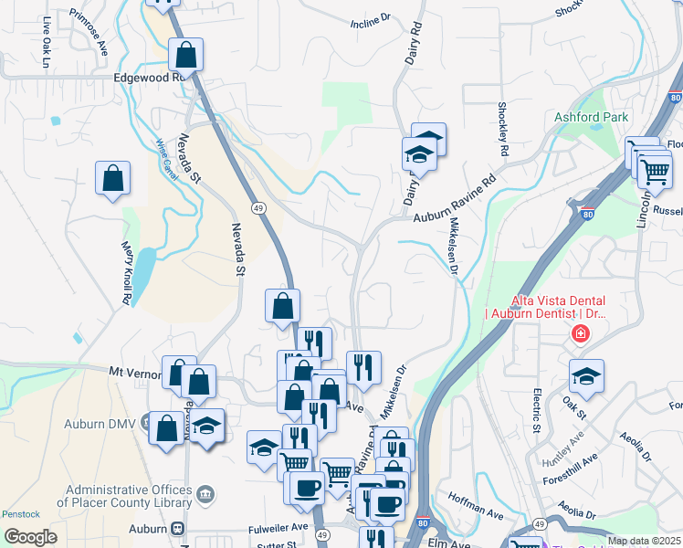 map of restaurants, bars, coffee shops, grocery stores, and more near 823 Auburn Ravine Road in Auburn