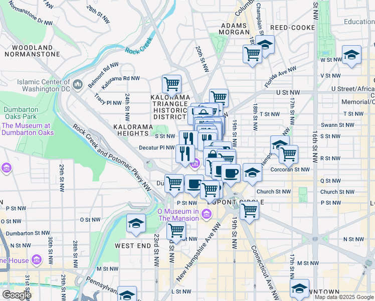map of restaurants, bars, coffee shops, grocery stores, and more near 2129 Florida Avenue Northwest in Washington