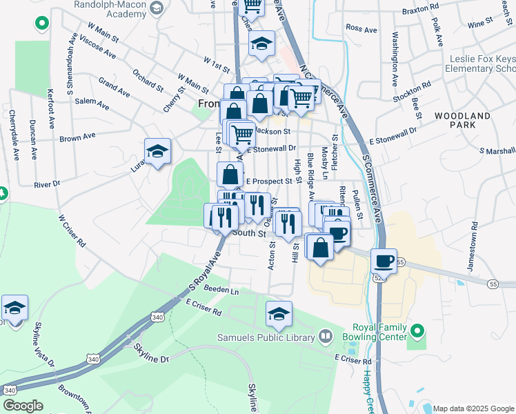 map of restaurants, bars, coffee shops, grocery stores, and more near 341 Osage Street in Front Royal