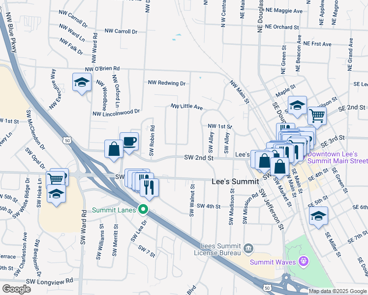 map of restaurants, bars, coffee shops, grocery stores, and more near 507 Southwest 1st Terrace in Lee's Summit