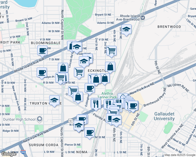 map of restaurants, bars, coffee shops, grocery stores, and more near 1713 2nd Street Northeast in Washington
