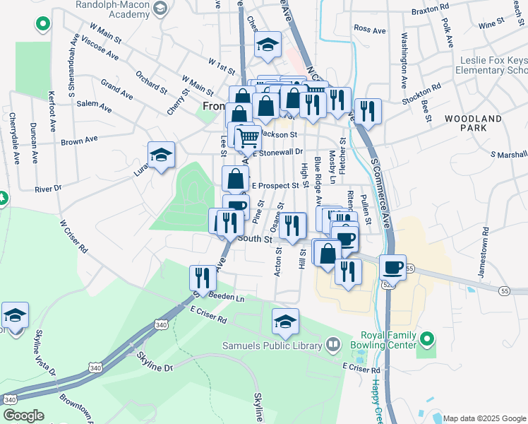 map of restaurants, bars, coffee shops, grocery stores, and more near 211 Laurel Street in Front Royal