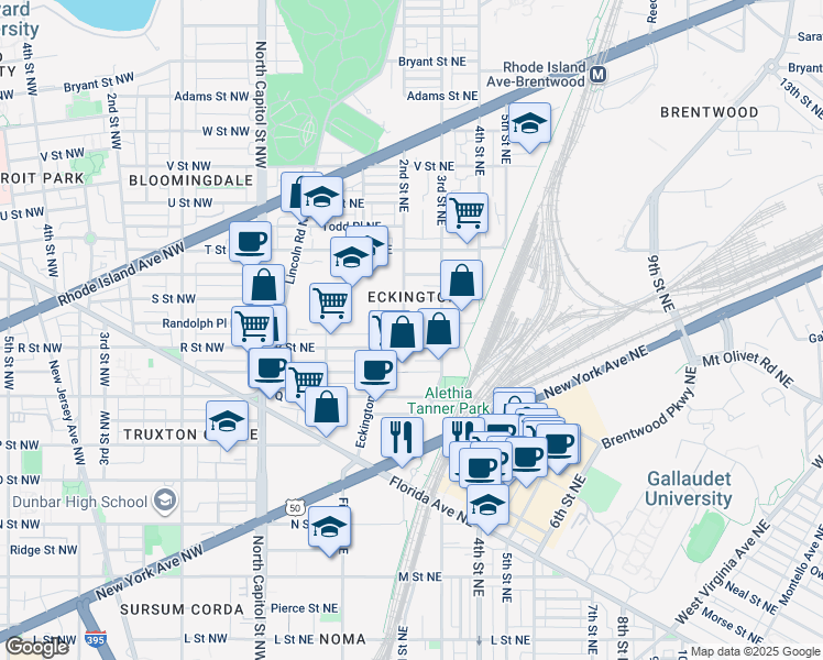 map of restaurants, bars, coffee shops, grocery stores, and more near 1713 2nd Street Northeast in Washington