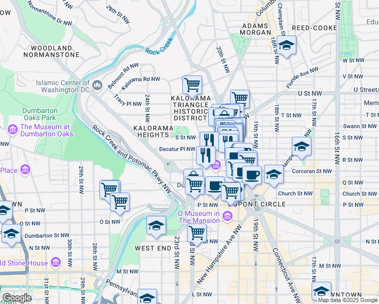 map of restaurants, bars, coffee shops, grocery stores, and more near 1716 22nd Street Northwest in Washington