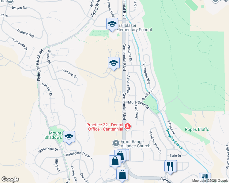 map of restaurants, bars, coffee shops, grocery stores, and more near 5730 Silverstone Terrace in Colorado Springs