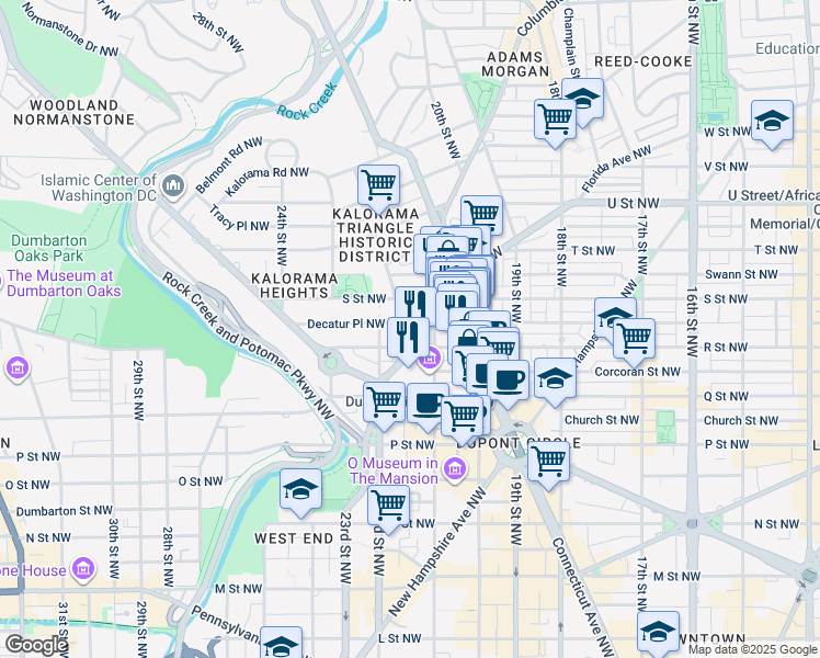 map of restaurants, bars, coffee shops, grocery stores, and more near 2129 Florida Avenue Northwest in Washington