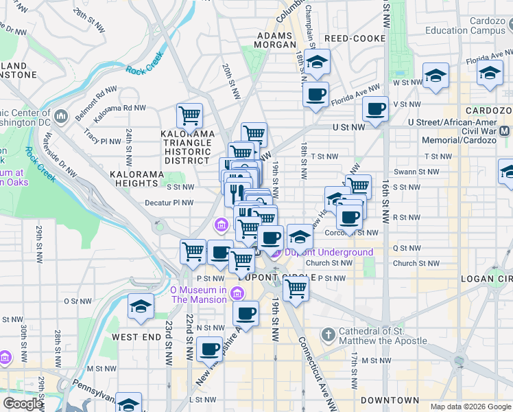 map of restaurants, bars, coffee shops, grocery stores, and more near 1717 20th Street Northwest in Washington
