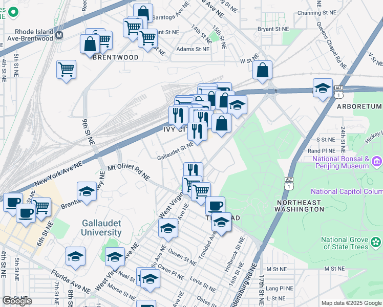 map of restaurants, bars, coffee shops, grocery stores, and more near 1833 Providence Street Northeast in Washington