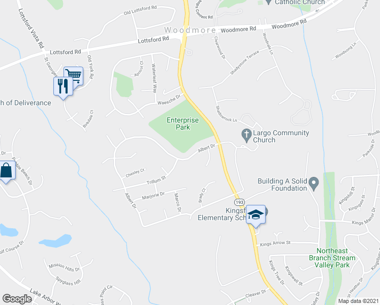 map of restaurants, bars, coffee shops, grocery stores, and more near 1756 Albert Drive in Bowie