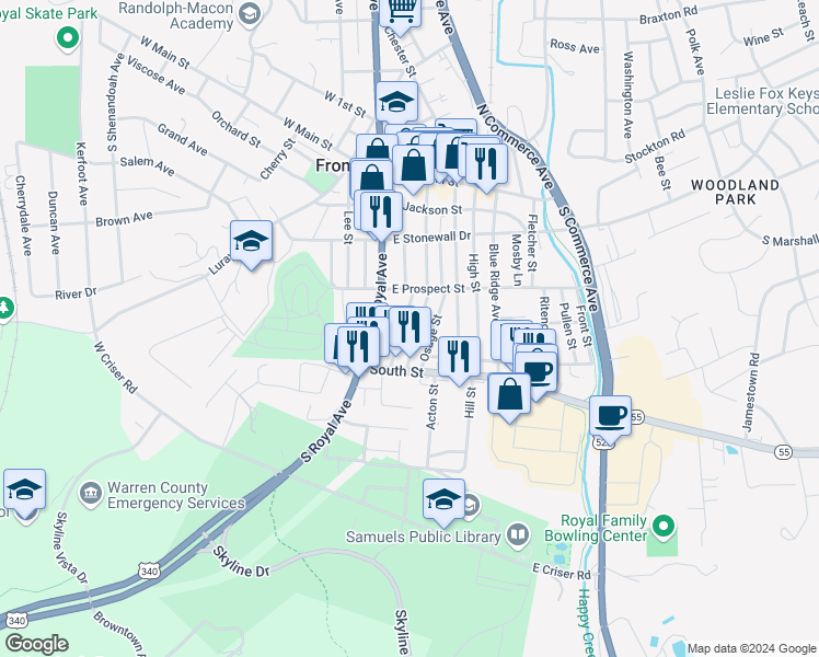map of restaurants, bars, coffee shops, grocery stores, and more near 211 Laurel Street in Front Royal