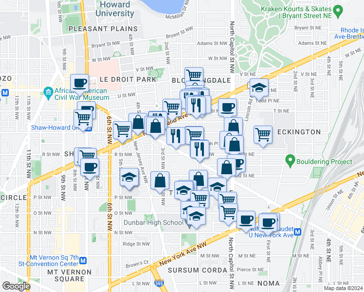 map of restaurants, bars, coffee shops, grocery stores, and more near 146 Randolph Place Northwest in Washington