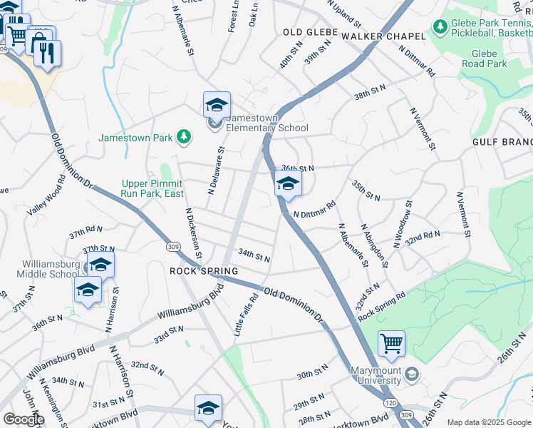 map of restaurants, bars, coffee shops, grocery stores, and more near 4863 35th Road North in Arlington