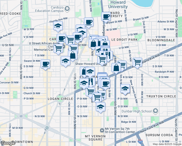 map of restaurants, bars, coffee shops, grocery stores, and more near 1706 9th Street Northwest in Washington
