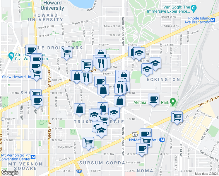 map of restaurants, bars, coffee shops, grocery stores, and more near 62 Randolph Place Northwest in Washington