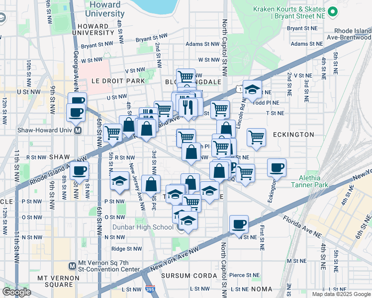 map of restaurants, bars, coffee shops, grocery stores, and more near 1718 1st Street Northwest in Washington