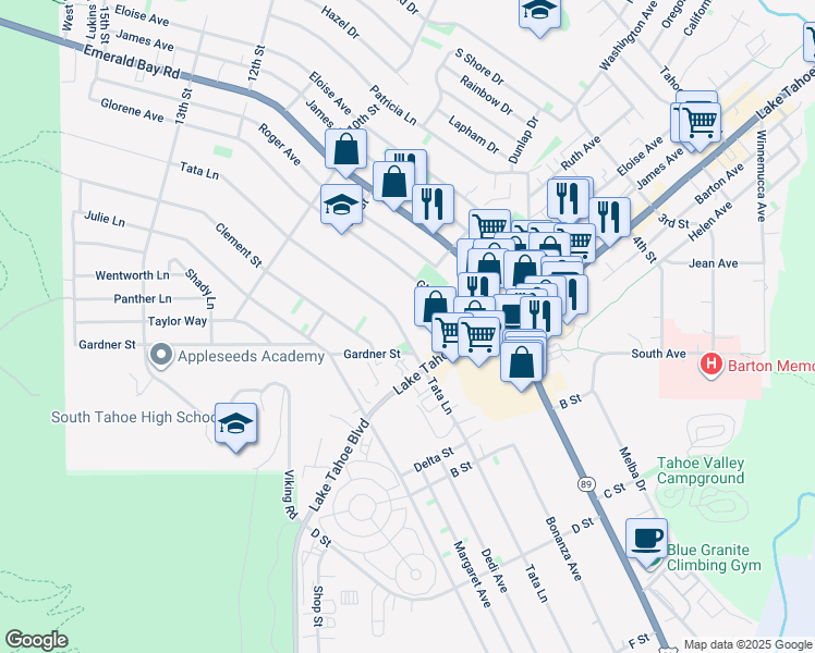 map of restaurants, bars, coffee shops, grocery stores, and more near 960 Tata Lane in South Lake Tahoe