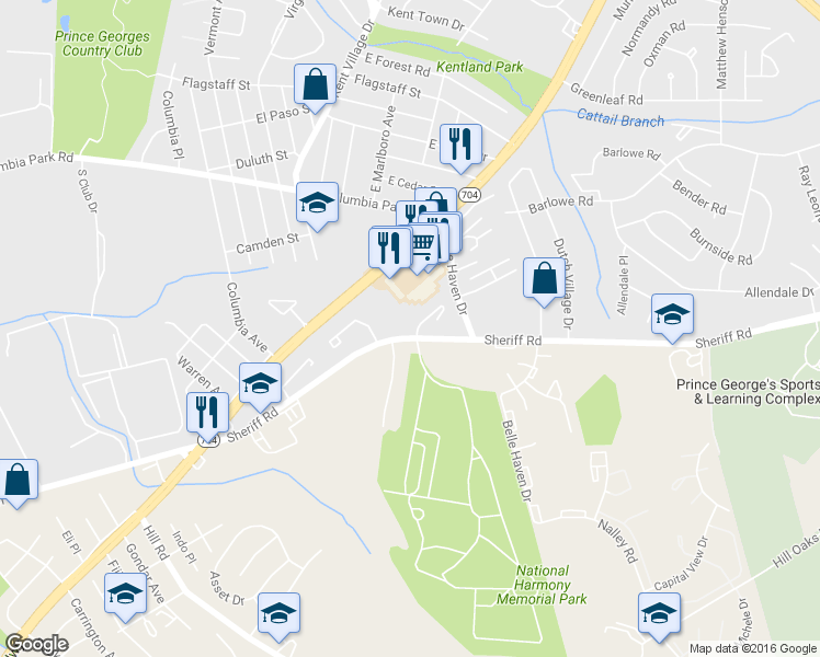 map of restaurants, bars, coffee shops, grocery stores, and more near 1800 Cedarwood Court in Hyattsville