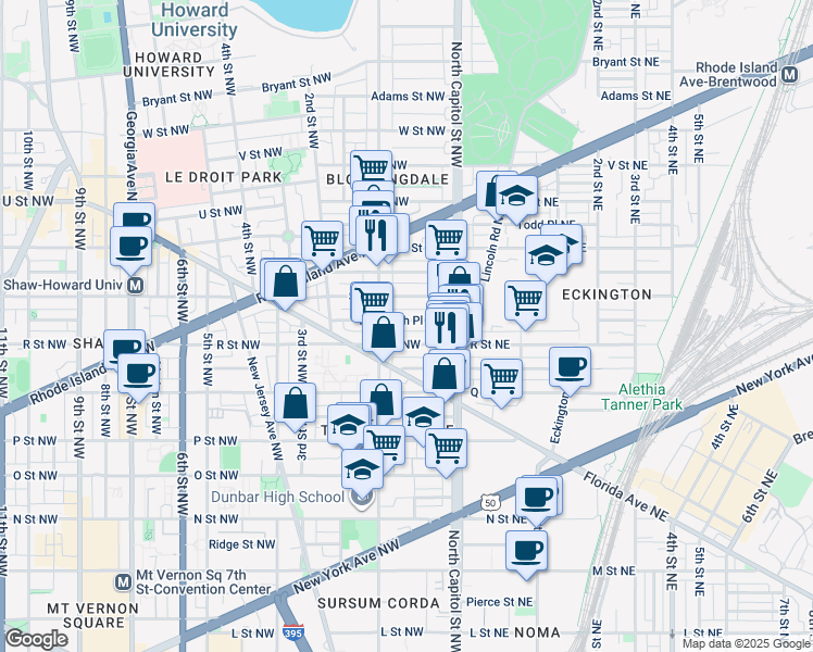 map of restaurants, bars, coffee shops, grocery stores, and more near 62 Randolph Place Northwest in Washington