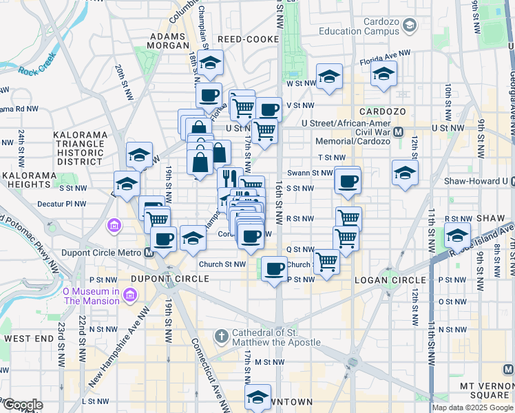 map of restaurants, bars, coffee shops, grocery stores, and more near 1626 Riggs Place Northwest in Washington