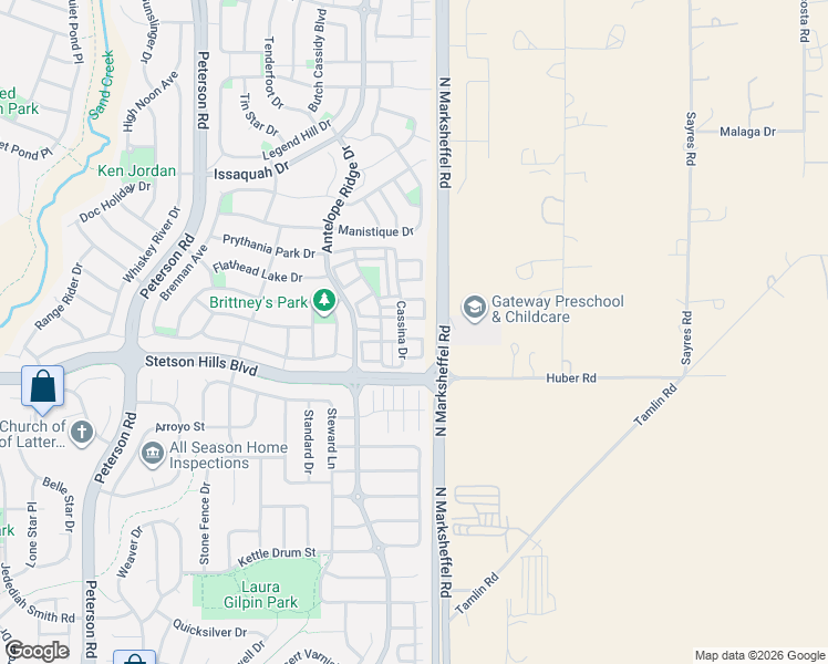map of restaurants, bars, coffee shops, grocery stores, and more near 7842 Tango Lane in Colorado Springs
