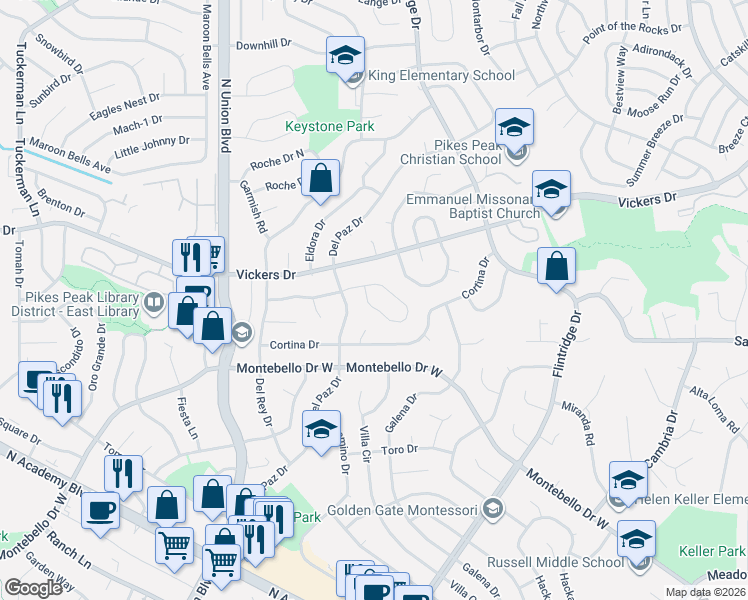 map of restaurants, bars, coffee shops, grocery stores, and more near 3270 Squaw Valley Drive in Colorado Springs