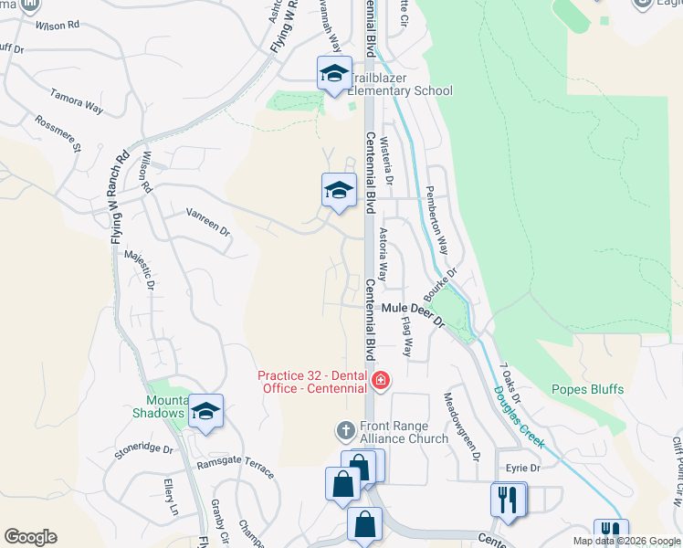 map of restaurants, bars, coffee shops, grocery stores, and more near 5730 Silverstone Terrace in Colorado Springs