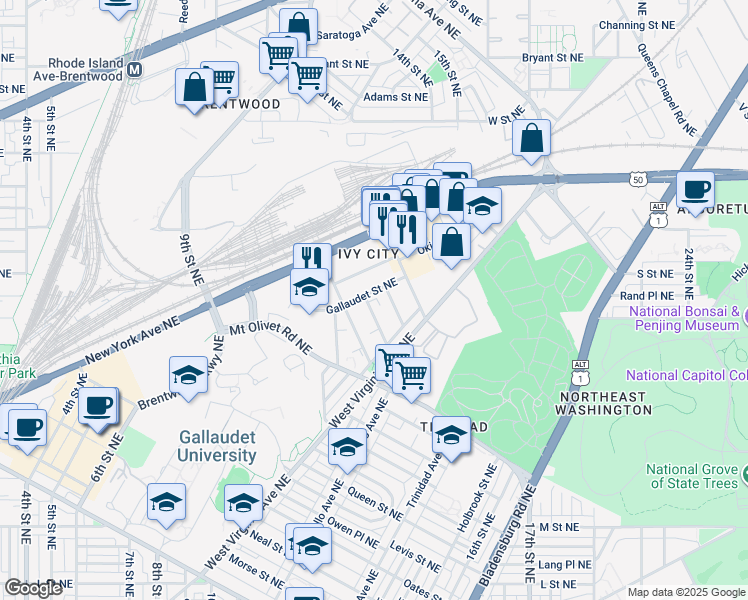 map of restaurants, bars, coffee shops, grocery stores, and more near 1845 Central Place Northeast in Washington