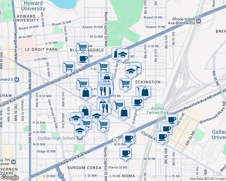 map of restaurants, bars, coffee shops, grocery stores, and more near 101 Independence Avenue Southeast in Washington