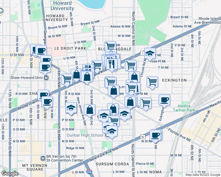 map of restaurants, bars, coffee shops, grocery stores, and more near 1718 1st Street Northwest in Washington